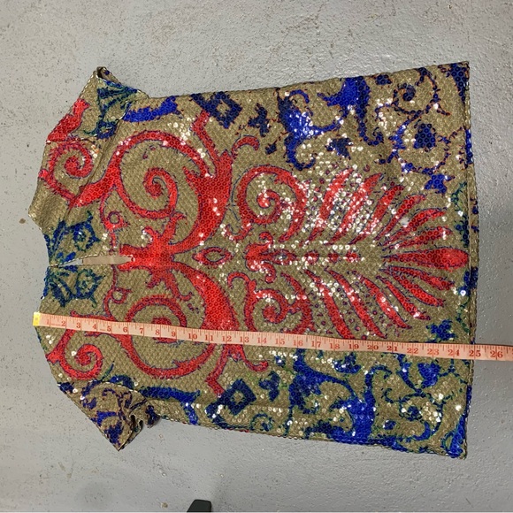 Sequin Shirt Blouse Tan Red Blue Baroque Sz 40 Short Sleeve Crew Party Event Top - Picture 14 of 16